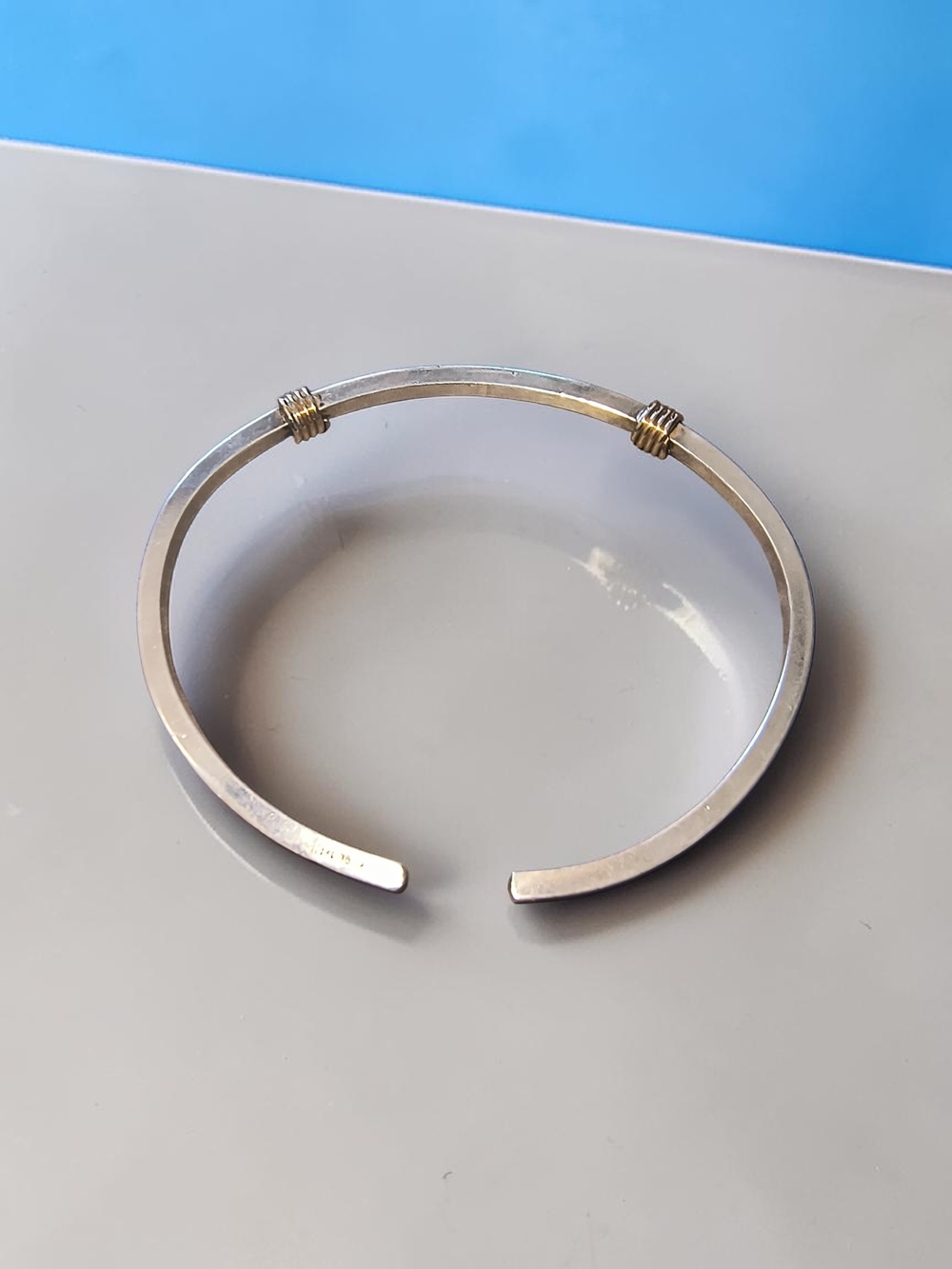 Sterling Silver Signed Artisan Open Cuff Bracelet with Gold Accent
